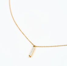 Load image into Gallery viewer, rectangular slice of Mother of Pearl set into 18k gold plated, recycled silver pendant  and chain on white background