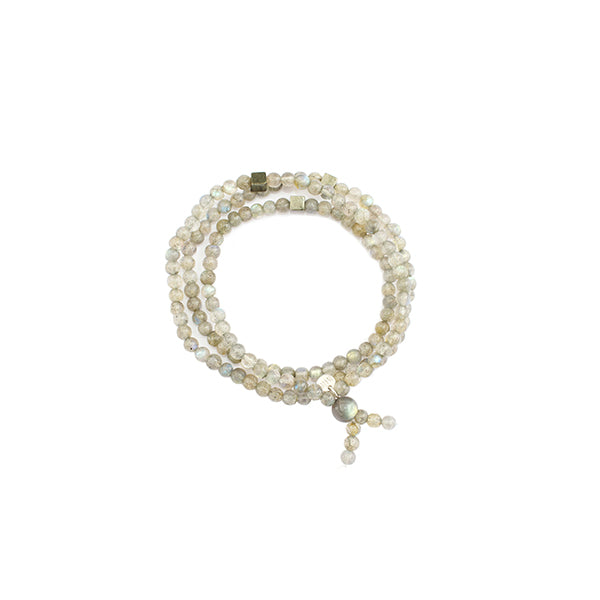 Triple Wrap Skinny Bead Bracelet with Pyrite - Labradorite