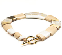 画像をギャラリービューアに読み込む, Necklace of different shaped white wooden segments inlaid with mother of pearl and abalone shell and brass
