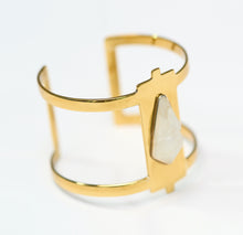 Load image into Gallery viewer, Gold Cuff bracelet inlaid with crystal on white background
