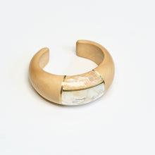 Load image into Gallery viewer, Brass and Mother of Pearl cuff bracelet on a light gray background
