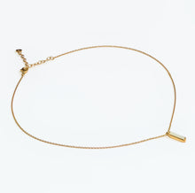 Load image into Gallery viewer, rectangular slice of Mother of Pearl set into 18k gold plated, recycled silver pendant  and chain on white background
