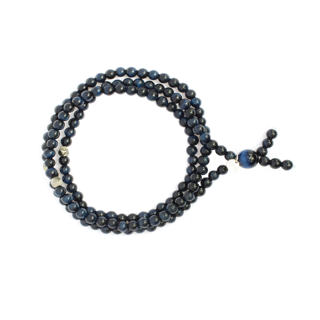 Triple Wrap Skinny Bead Bracelet with Pyrite - Blue Hawks Eye